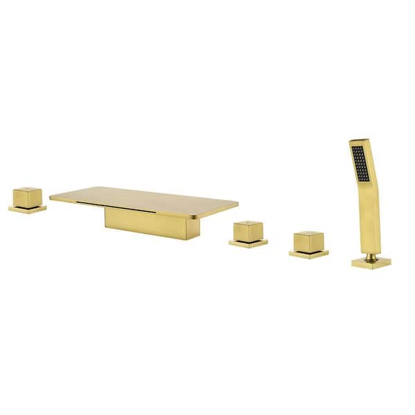 3-Handle Deck Mount Roman Tub Faucet with Handheld Shower Brass Modern 5-Hole Waterfall Bathtub Fillers in Brushed Gold