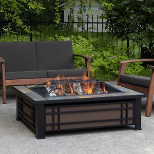 Hamilton 44 in. x 13 in. Rectangle Steel and Slate Natural Wood-Burning Fire Pit in Black and Brown with Slate Top