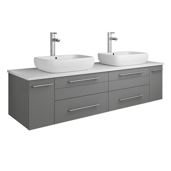 Lucera 60 in. W Wall Hung Bath Vanity in Gray with Quartz Stone Vanity Top in White with White Basins