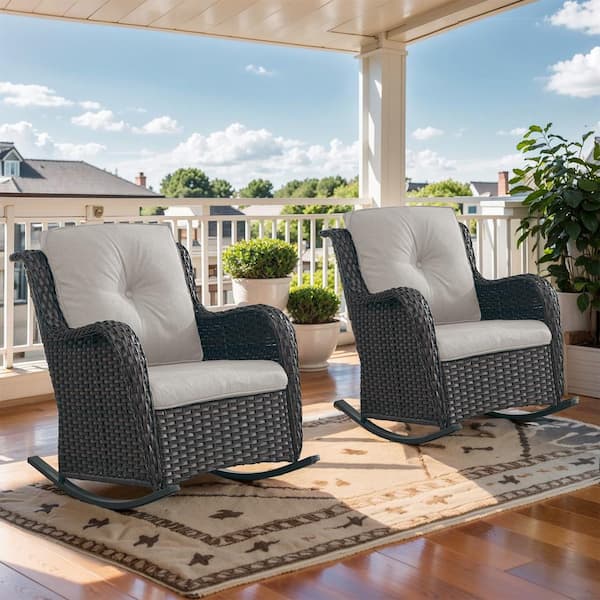 Opohoro Brown Wicker Outdoor Rocking Chair, Patio Rattan Rocker Chair with Beige Cushions for Garden Backyard Porch (2-Pack)