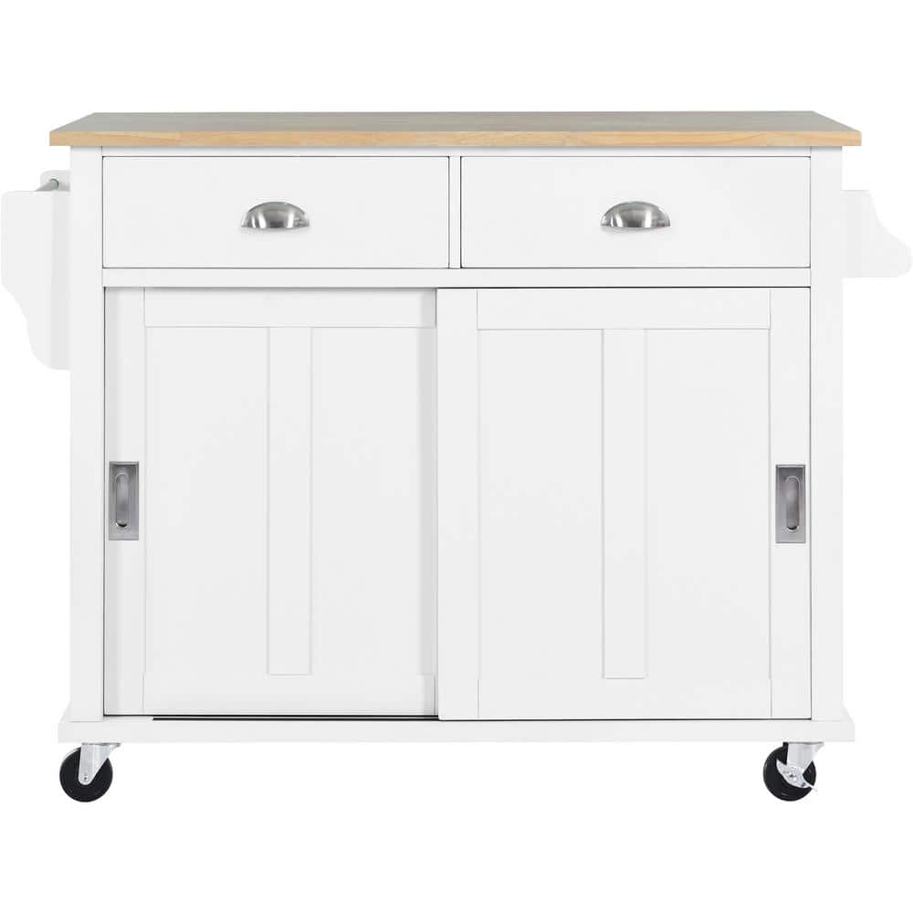 FUNKOL White MDF Kitchen Cart Rubberwood Drop Leaf Worktop with Storage