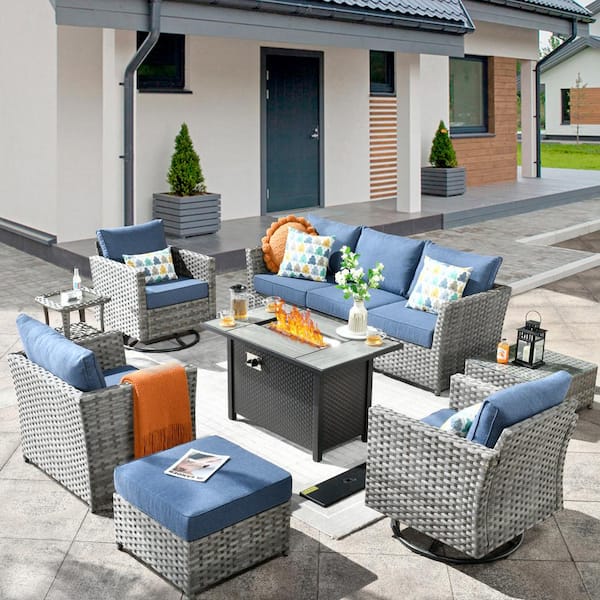 weaxty W Hanes Gray 10-Piece Wicker Patio Fire Pit Sectional Seating Set with Denim Blue Cushions and Swivel Rocking Chairs