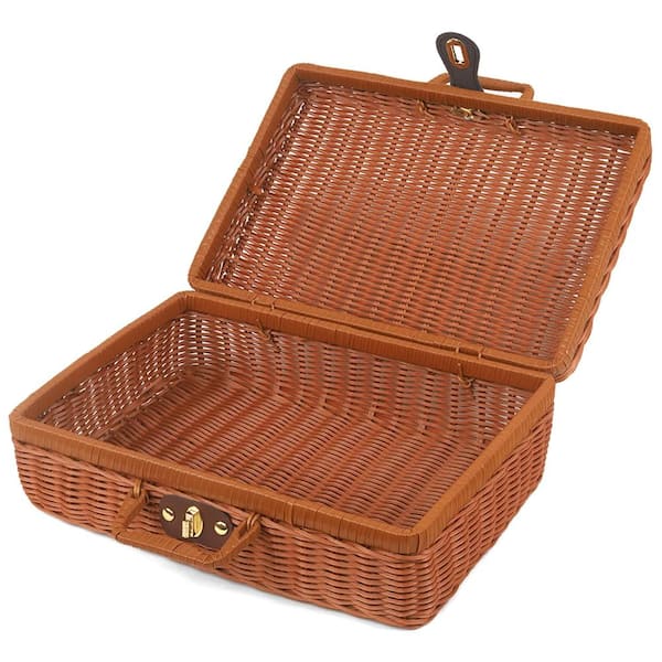 Light Brown 13.78 x 9.84 x 5.12 in Plastic Imitation Wicker Picnic Basket with Handles Lock and Waterproof Base
