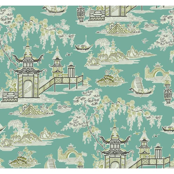 York Wallcoverings Peaceful Temple Removable Wallpaper Teal Paper Strippable Roll (Covers 60.75 sq. ft.)