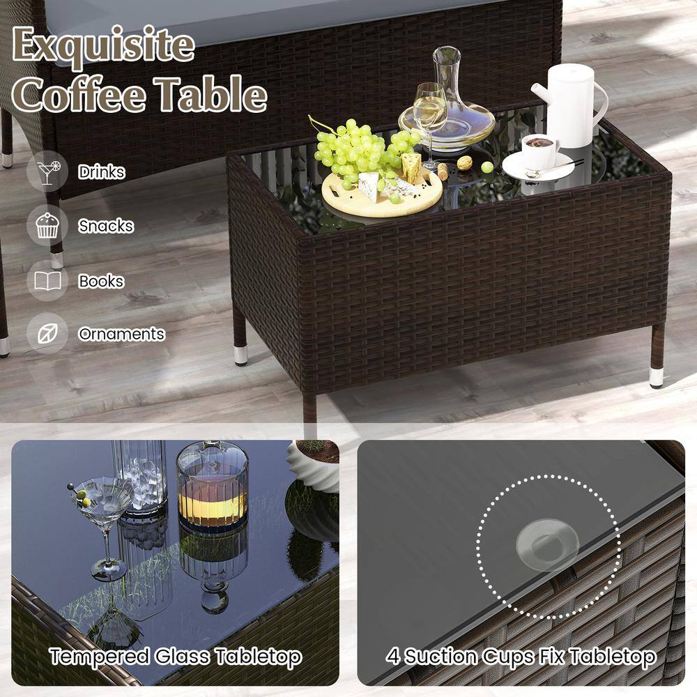 4-Piece Gray Rattan Wicker Patio Sofa Set with Cushions and Coffee Table