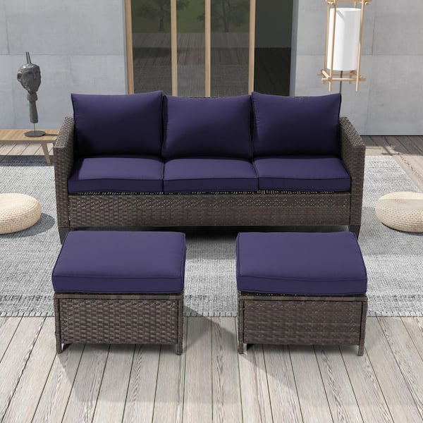 JOYESERY 3-Seater Patio Brown Wicker Sofa set with Ottomans, Navy Blue Cushion