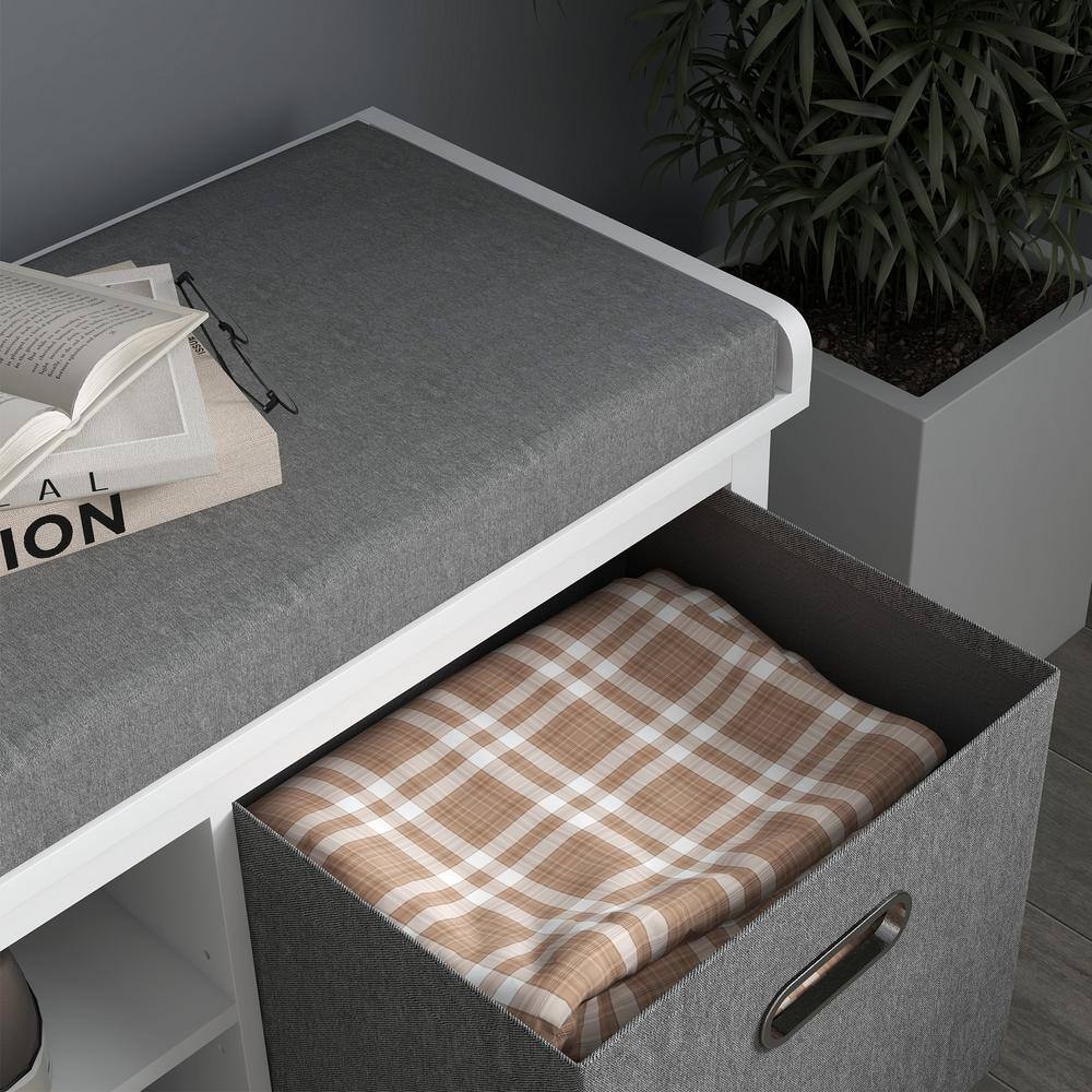 White and Gray Fabric Shoe Storage Bench with Cushion and Drawers