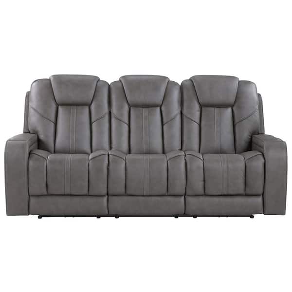 Daniel 87 in. Squared Arm Leather Rectangle Triple Power Theater Sofa in Gray