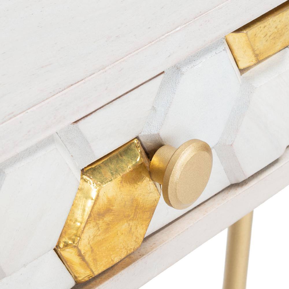 White and Brass Wood Writing Desk with Drawer