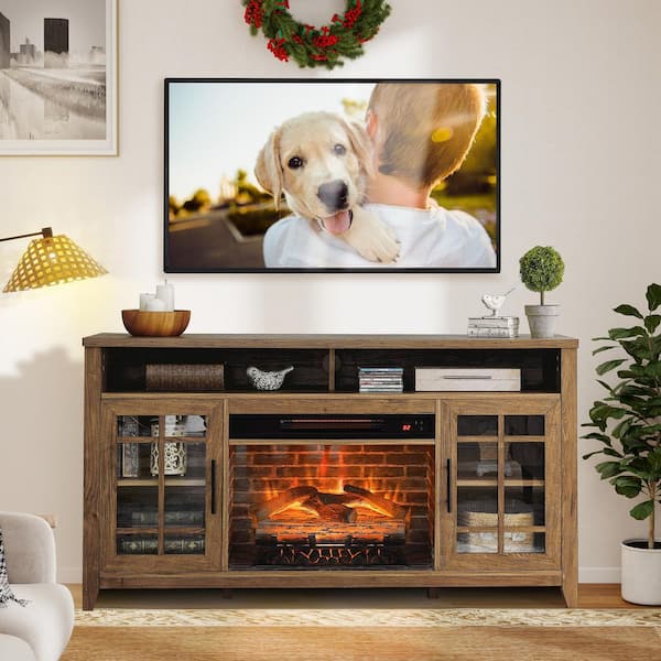 55 in. Freestanding Electric Electric Fireplace TV Stand with 23 in. Fireplace Insert, KD Inserts Heater in Barnwood