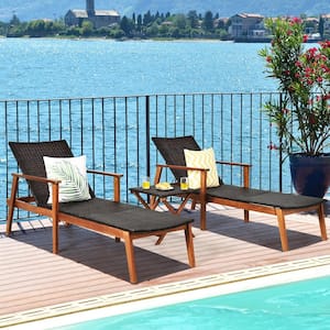 3-Pieces Wicker Outdoor Chaise Lounge Set Patio Yard with Side Table Adjustable Backrest