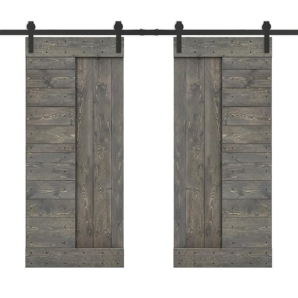 CALHOME 48 in. x 84 in. Weather Gray Stained DIY Knotty Pine Wood Interior Double Sliding Barn Door with Hardware Kit