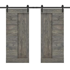 60 in. x 84 in. Weather Gray Stained DIY Knotty Pine Wood Interior Double Sliding Barn Door with Hardware Kit