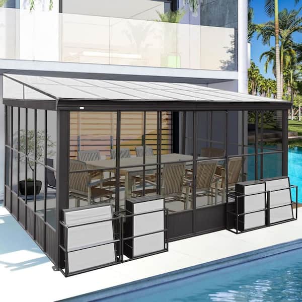 12 ft. x 14 ft.Outdoor Sunroom,Aluminum Lean to Gazebo with Detachable Polycarbonate Windows and Lockable Sliding Doors