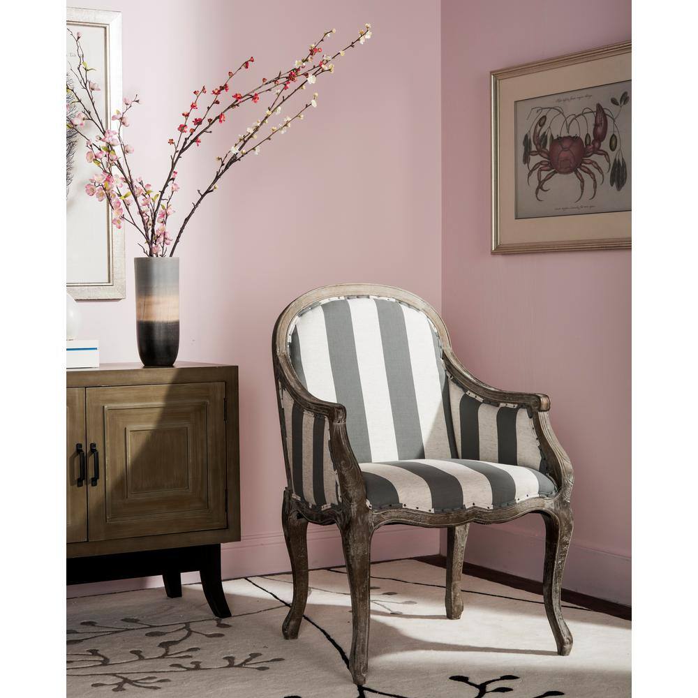 Transitional Esther Striped Arm Chair in Grey & White with Oak Frame