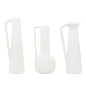 13 in., 12 in., 11 in. White Ceramic Decorative Vase with Handles (Set of 3)