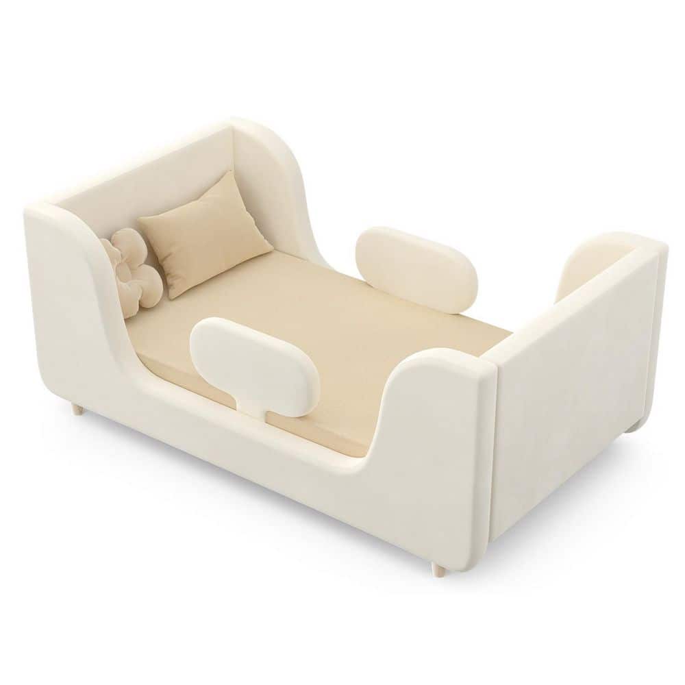Toddler Floor Bed with Removable Safety Rails Kids Bed Standard Crib Size Toddler Upholstered Bed, White -  BOZTIY