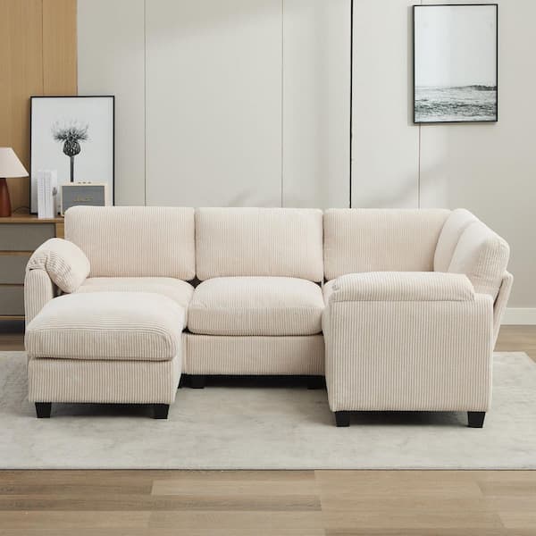 85.37 in.Corduroy Modular L-Shaped 5-Seat Sectional Sofa in Beige for Living Room and Spacious Space