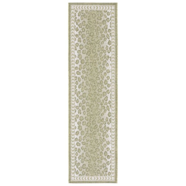 Courtyard Light Green/Ivory 2 ft. x 12 ft. Border Cheetah Indoor/Outdoor Runner Rug