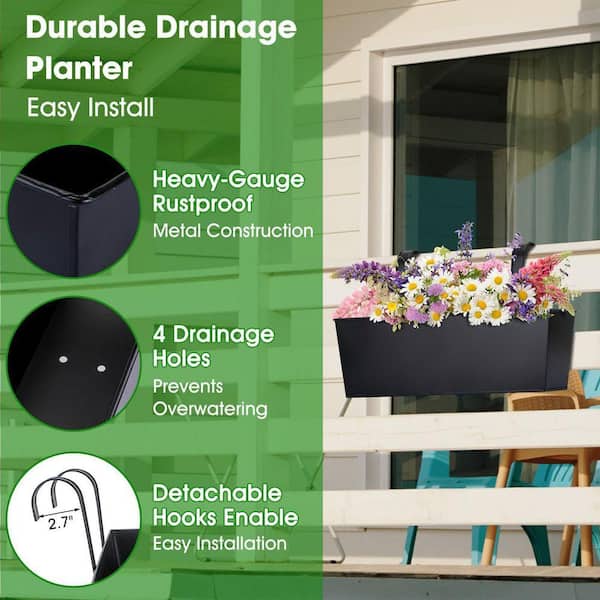 Justincity 16 in. Black Finish Metal Hanging Railing Planter Box with Wide Hooks for Outdoor Deck Fence Patio, 3 Pack