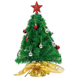 17.7 in. Tall GreenandRed Plastic Pre-Lit Tabletop Christmas Tree with Gold DIY Kits