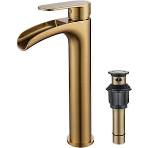 Bathroom Vessel Sink Faucet Gold, 11 in. Brushed Gold Bathroom Faucet Waterfall with Metal  Word Bath Accessory Set