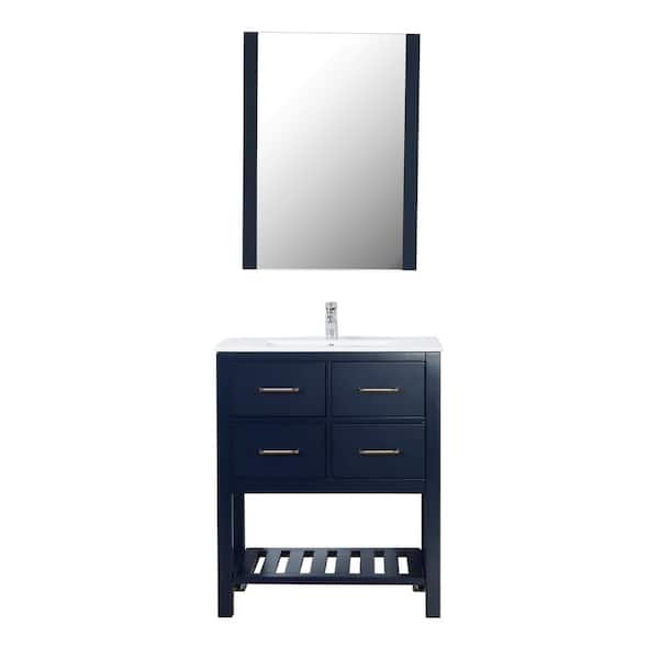 Unbranded Santa Monica 30 in. W x 18 in. D Bath Vanity in Navy with Ceramic Top in White with White Basin and Mirror
