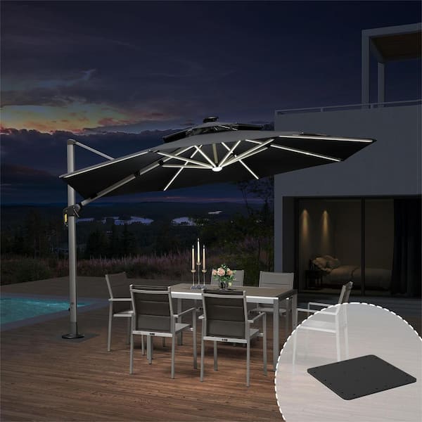PURPLE LEAF 12 ft. Octagon Aluminum Solar Powered LED Patio Cantilever Offset Umbrella with Base Plate, Gray