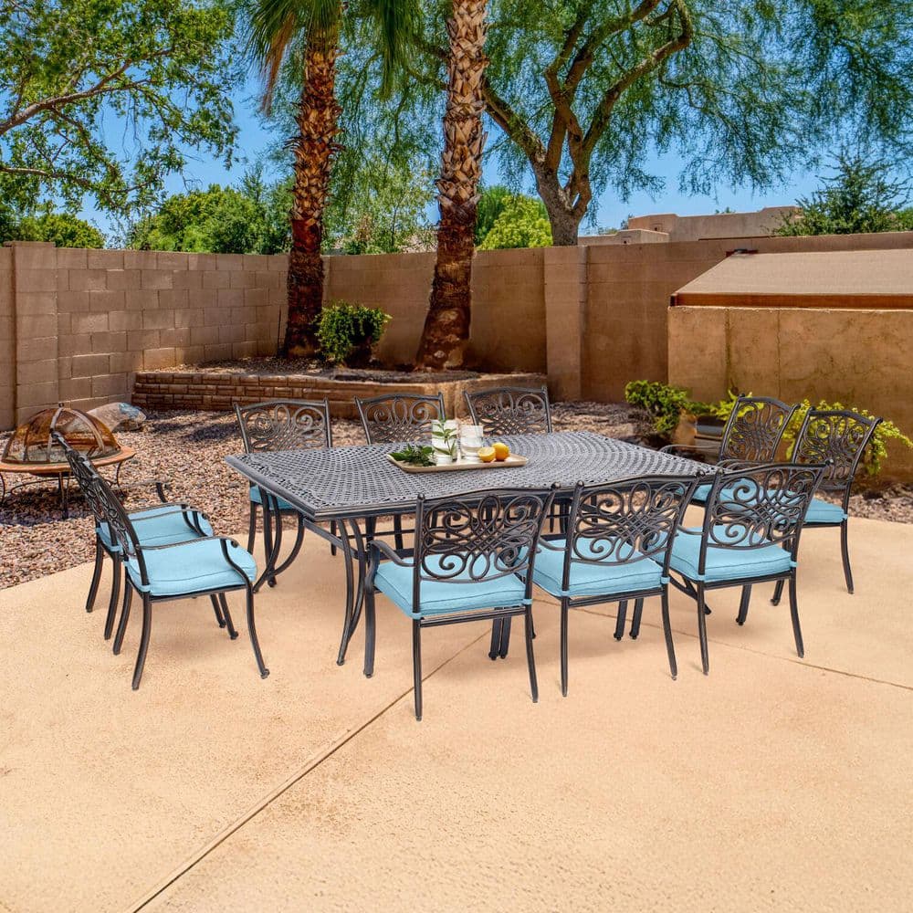 Hanover Traditions Elegant Bronze 11-Piece Outdoor Dining Set with Blue Cushions