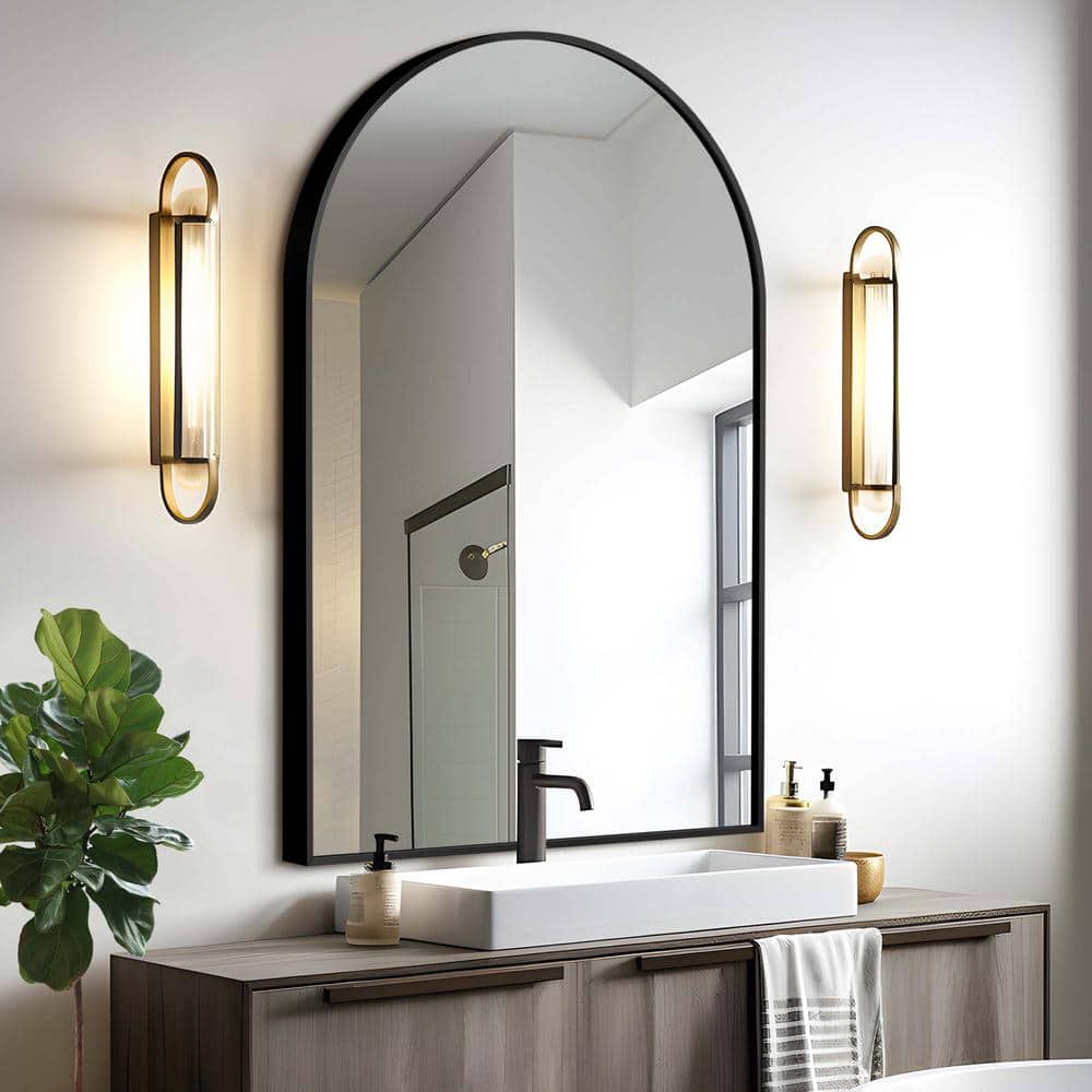 Black Metal Arched Wall Mirror with Sleek Frame