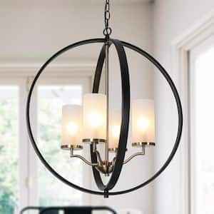 Modern Dining Room Globe Chandelier 4-Light Black and Brass Round Chandelier with Frosted Glass Shade