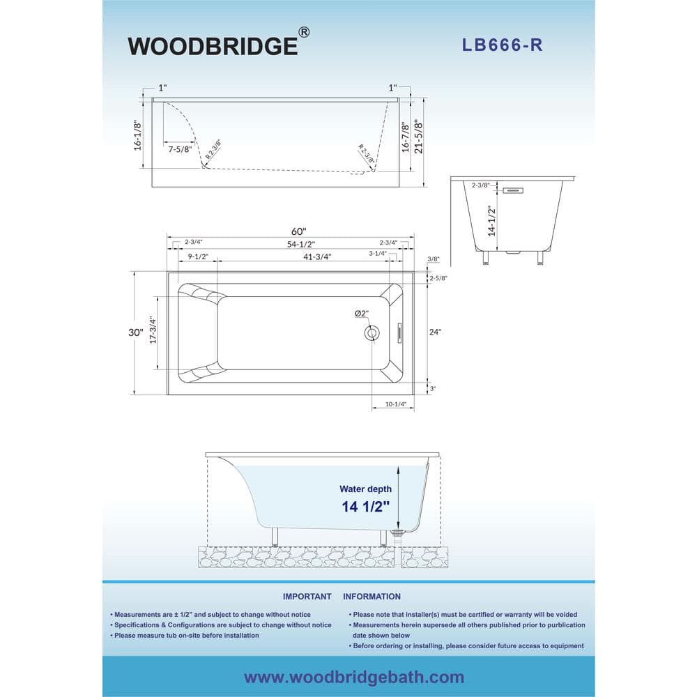 Vine 60'' x 30'' White Acrylic Alcove Soaking Bathtub