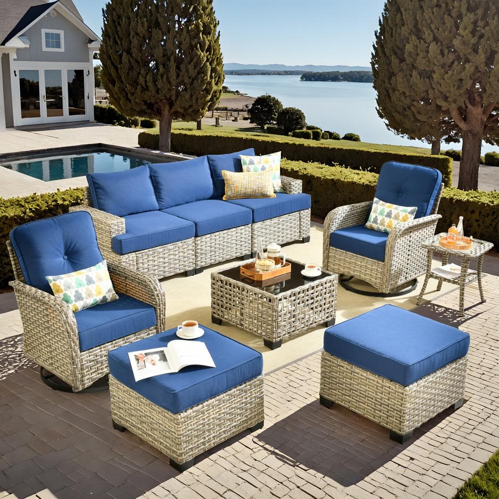 Kelleys 9-Piece Wicker Modern Outdoor Patio Conversation Sofa Set with Swivel Chairs and Navy-Blue Cushions price history on PriceWatchPro
