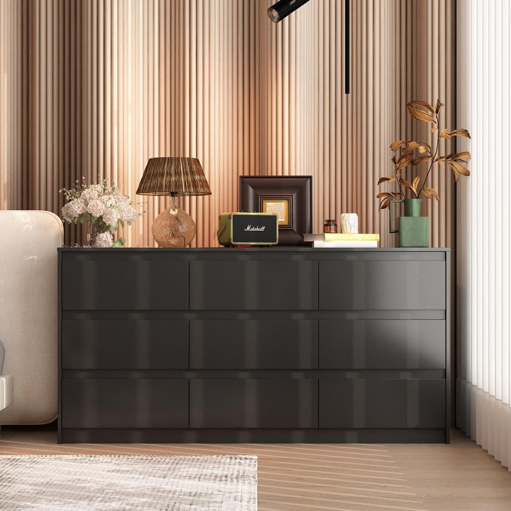 FUFU&GAGA 9-Drawer Black Wood Dresser Chest of Drawer Modern Style 31.5 in.  H x 63 in. W x 15.7 in. D KF210276-02 - The Home Depot