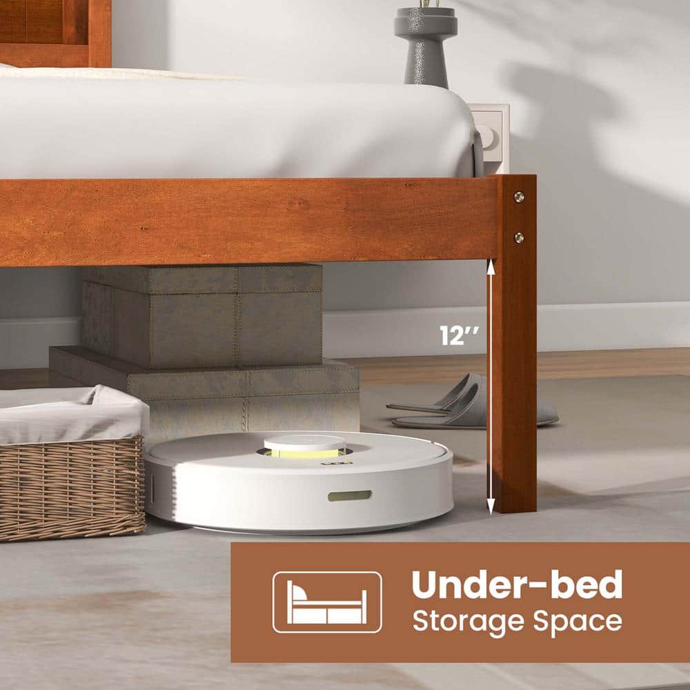 Brown Walnut Wood Frame Queen Size Platform Bed Frame with Headboard Mattress Foundation - thumbnail 6