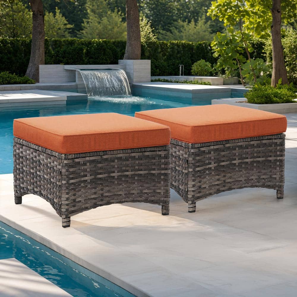 Wicker Outdoor Patio Ottoman with Orange Cushions (Set of 2)