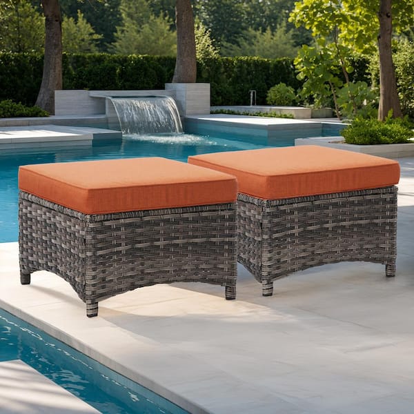 Gardenbee Wicker Outdoor Patio Ottoman with Orange Cushions (Set of 2)