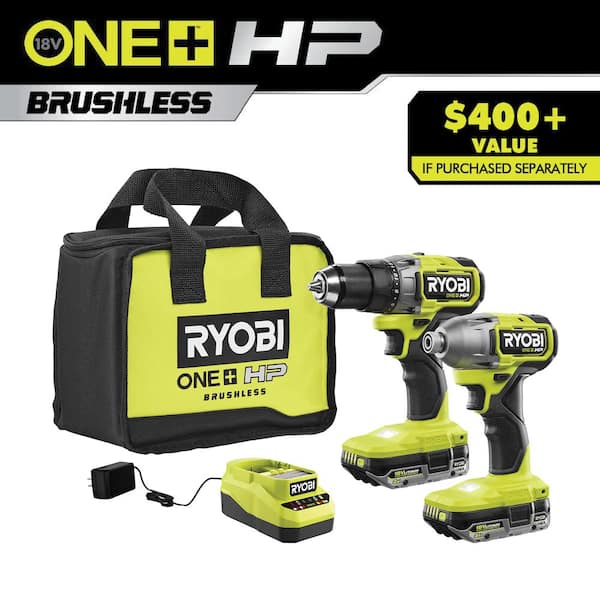 RYOBI ONE+ HP 18V Brushless Cordless 1/2 in. Drill/Driver and Impact Driver Kit w/(2) 2.0 Ah Batteries, Charger, and Bag