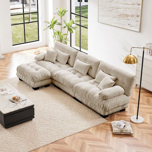 133.8 in. W Chenille Oversized L Shaped Modular Sectional Sofa with Convertible Ottoman in Light Coffee