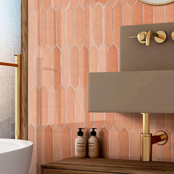 Glossy Ceramic Decor Picket Hexagon Subway 3 in. x 12 in. x 10 mm Wall Tile Case - Coral (20-Tile Pieces/5 sq. ft.)