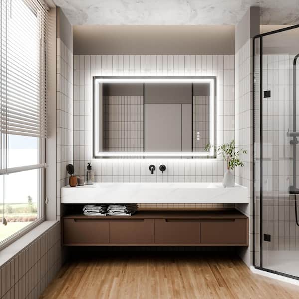 JimsMaison 48 in. W x 32 in. H Rectangular Frameless Anti-Fog LED Light Vertical Wall Mounted Bathroom Vanity Mirror in Silver