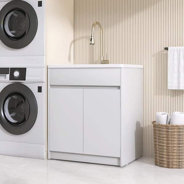 30 in. W x 22 in. D Solid Surface Drop-In Laundry/Utility Sink and Cabinet with Cold Hot Water Faucet and Drain in White