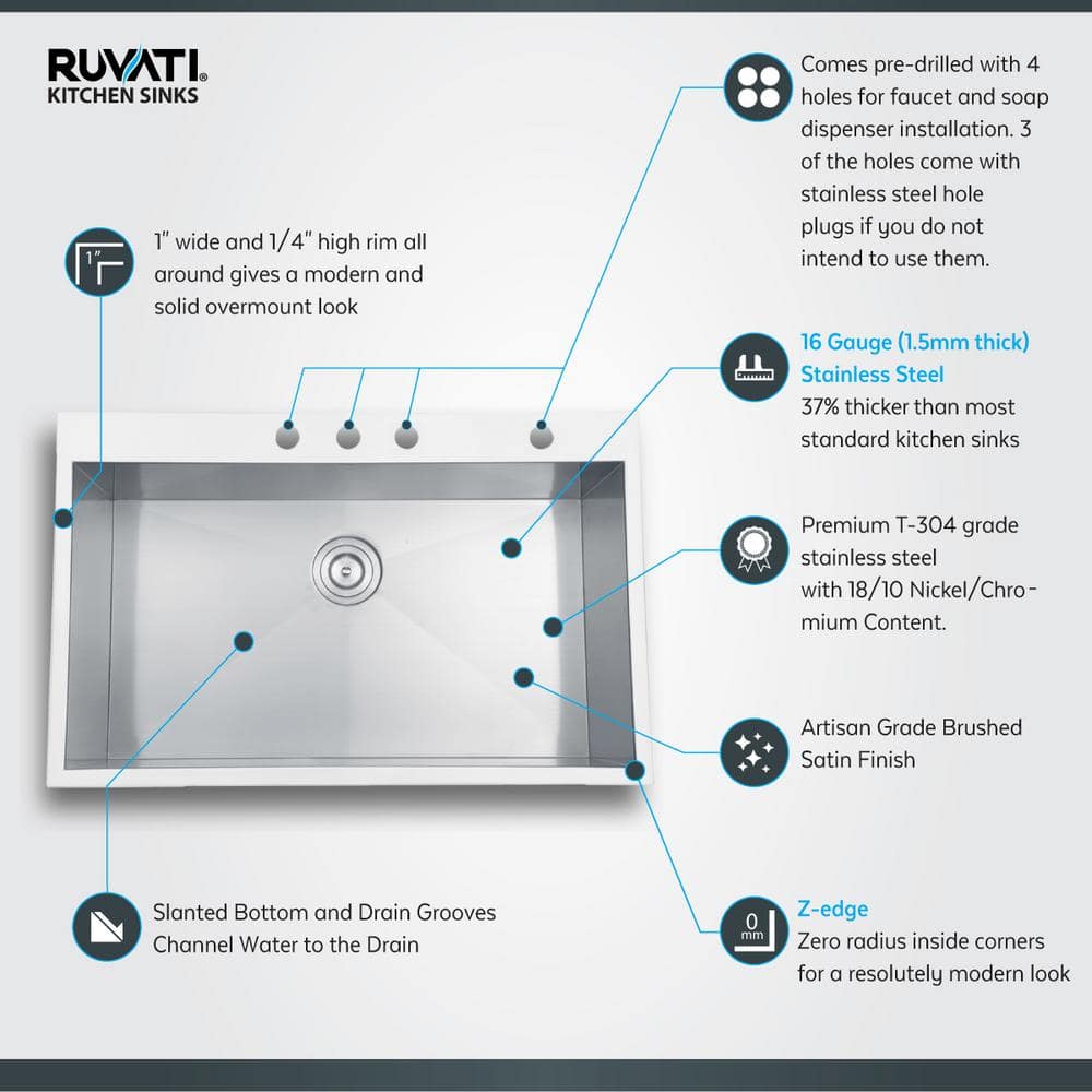 Ruvati 33 x 22 Inch Stainless Steel Drop-In Kitchen Sink