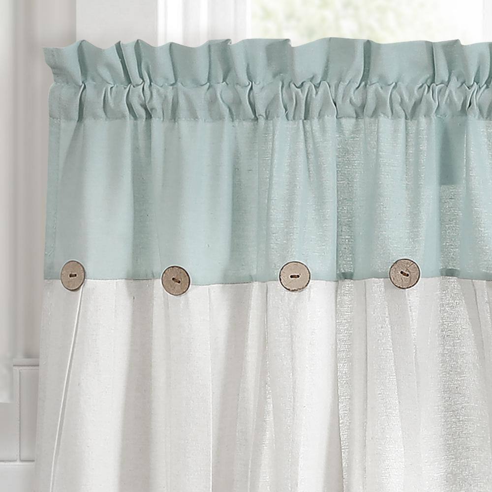 Blue and White Linen Button Kitchen Tier Curtains, 29" x 36"