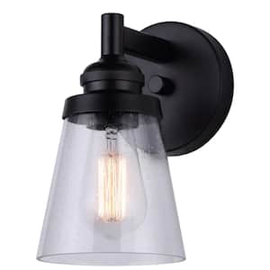 Declan 5.25 in. 1-Light Matte Black Vanity Light with Seeded Glass Shade