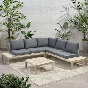 Arlington Weathered Grey 4-Piece Wood Outdoor Patio Conversation Sectional Seating Set with Dark Grey Cushions