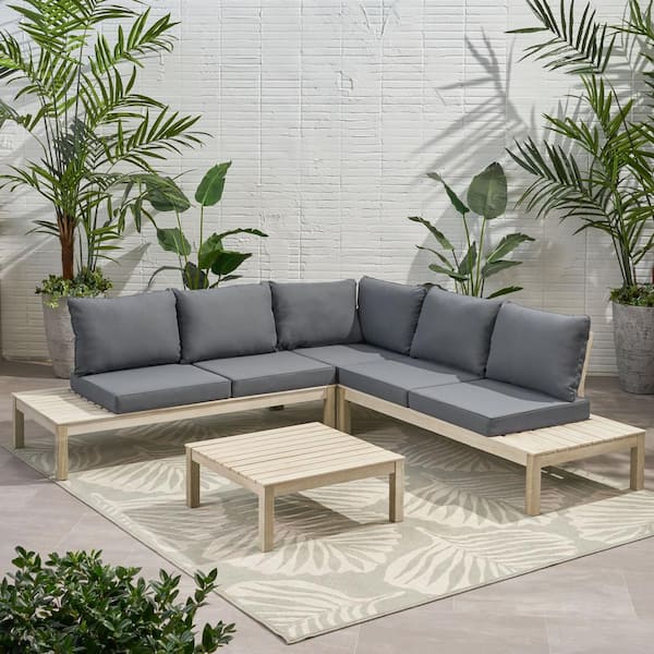 Noble House Arlington Weathered Grey 4-Piece Wood Patio Conversation Sectional Seating Set with Dark Grey Cushions