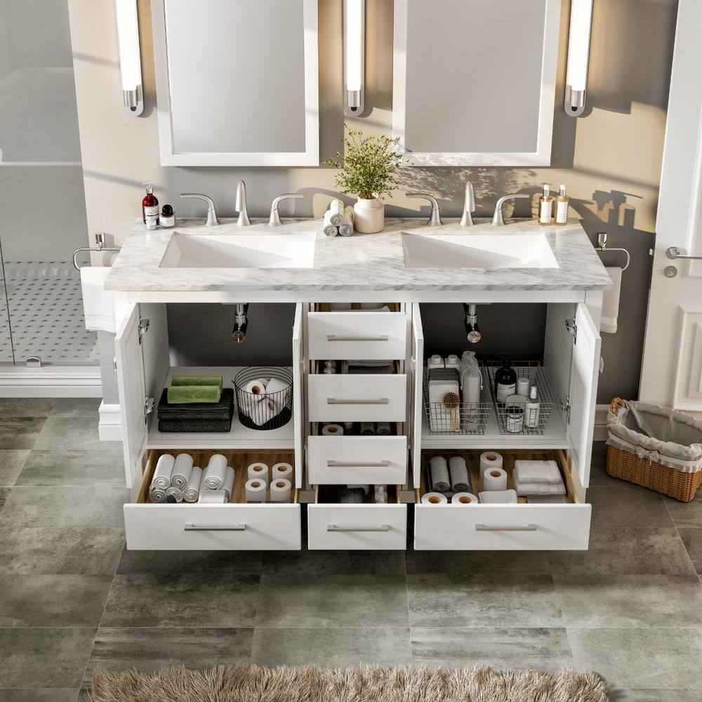 Aberdeen White Double Sink Bathroom Vanity with Carrara Quartz Top