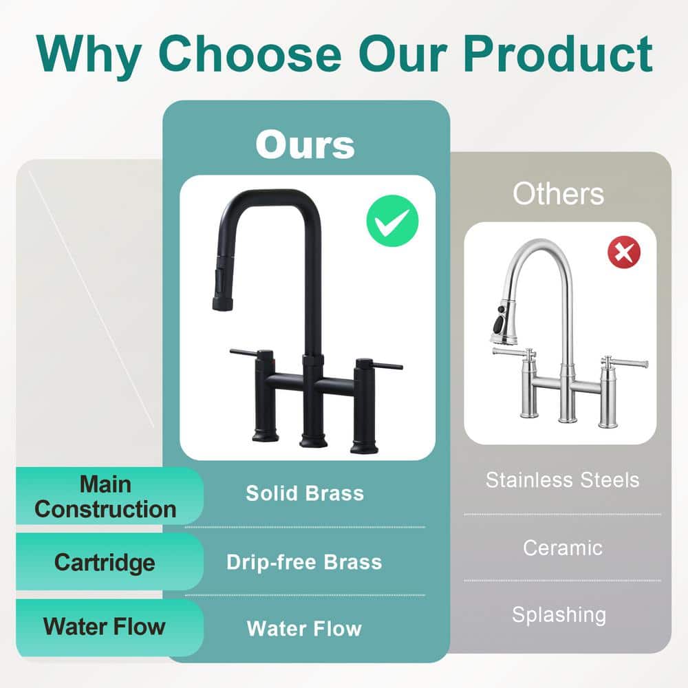 ARCORA AR7401402B 3 Holes Brass Double Handle Bridge Kitchen Faucet With 2-Mode Pull Down Sprayer And Supply Lines