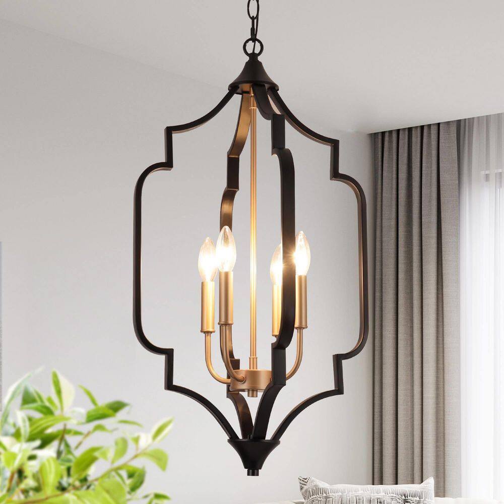 Zevni 15 in. 4-Light Black and Gold Cage Chandelier, Classic